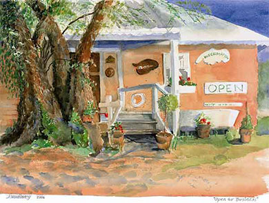 Nauti Nell's store in Deltaville, VA, watercolor by Judith Woodbury of Ogunquit, Maine